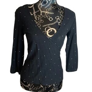 Lucky Brand Womens Black Polka Dot Wrap Surplice V-Neck 3/4 Sleeve‎ Top Small